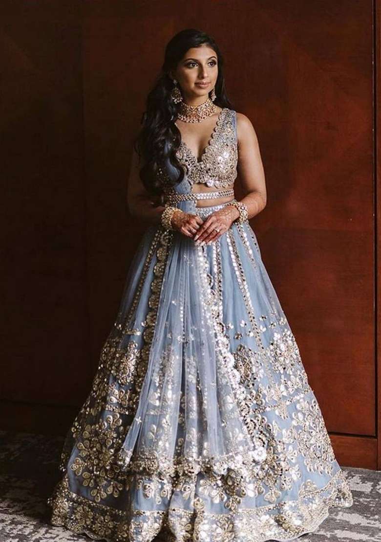 Sky Blue Net Lehenga Set with Zari Work for Diwali | Wedding & Festive Wear - Indya