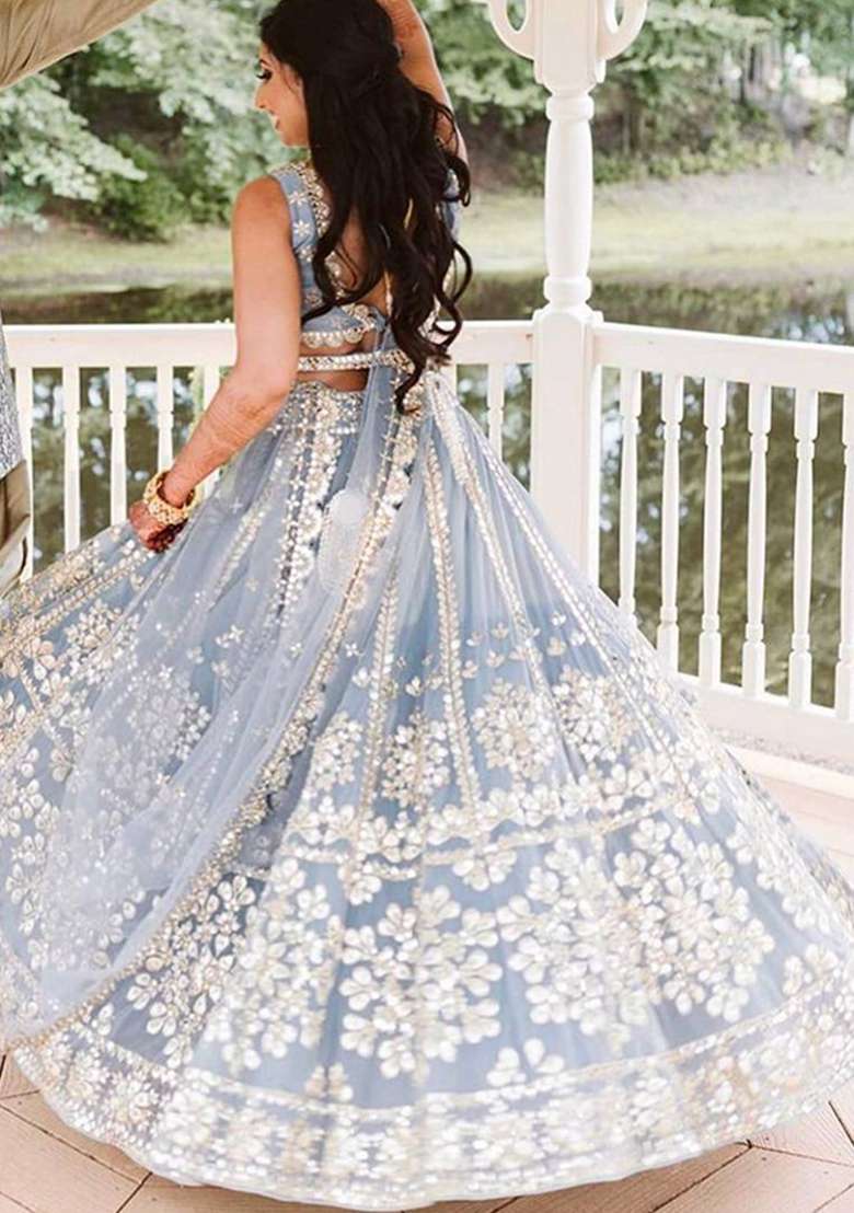 Sky Blue Net Lehenga Set with Zari Work for Diwali | Wedding & Festive Wear - Indya
