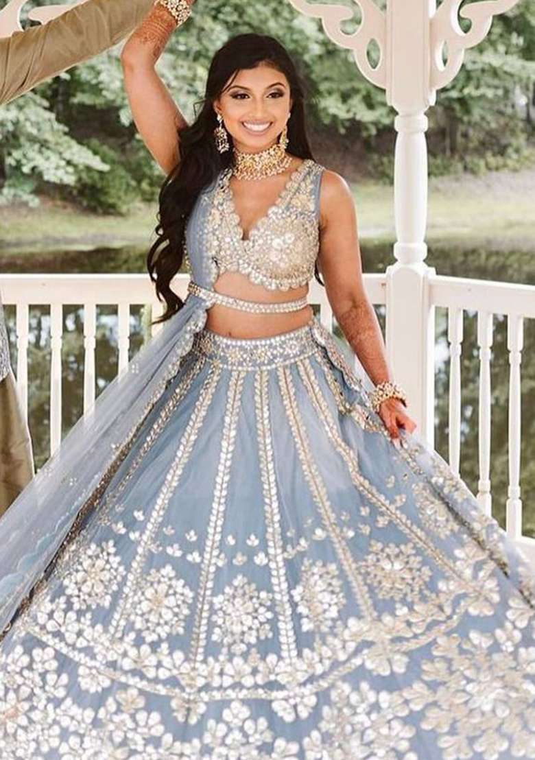 Sky Blue Net Lehenga Set with Zari Work for Diwali | Wedding & Festive Wear - Indya