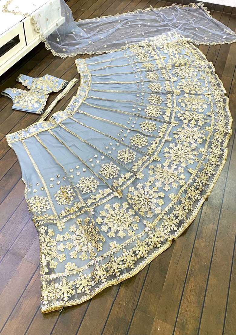 Sky Blue Net Lehenga Set with Zari Work for Diwali | Wedding & Festive Wear - Indya