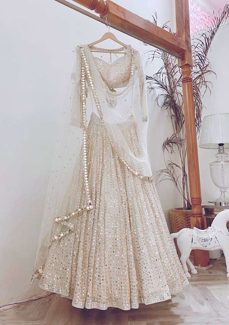 Beige Sequin Work Georgette Lehenga Set for Diwali and Festive Wear - Indya