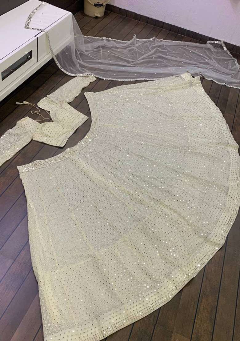 Beige Sequin Work Georgette Lehenga Set for Diwali and Festive Wear - Indya