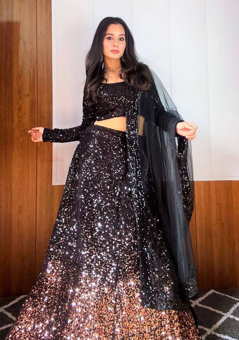 Black Work Velvet Lehenga Set with Sequin for Diwali | Wedding & Festive Wear - Indya