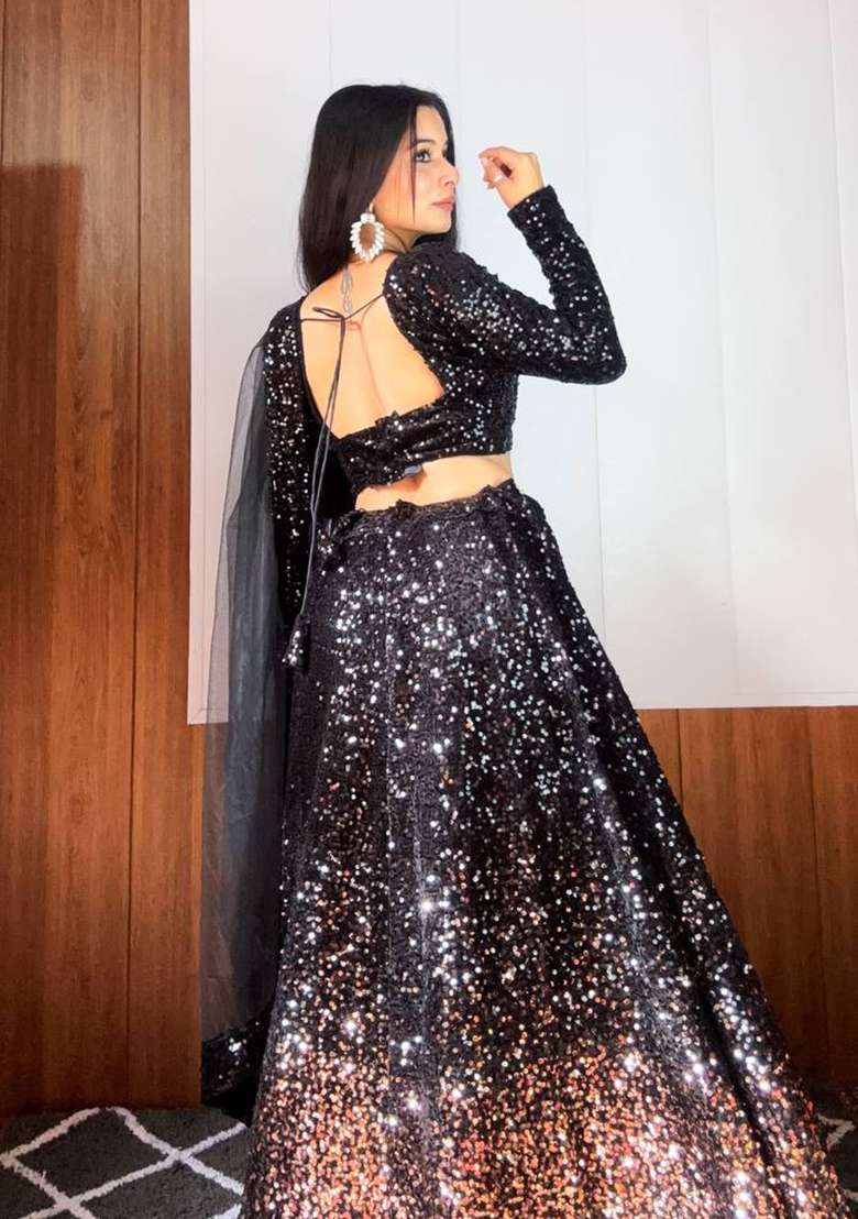 Black Work Velvet Lehenga Set with Sequin for Diwali | Wedding & Festive Wear - Indya