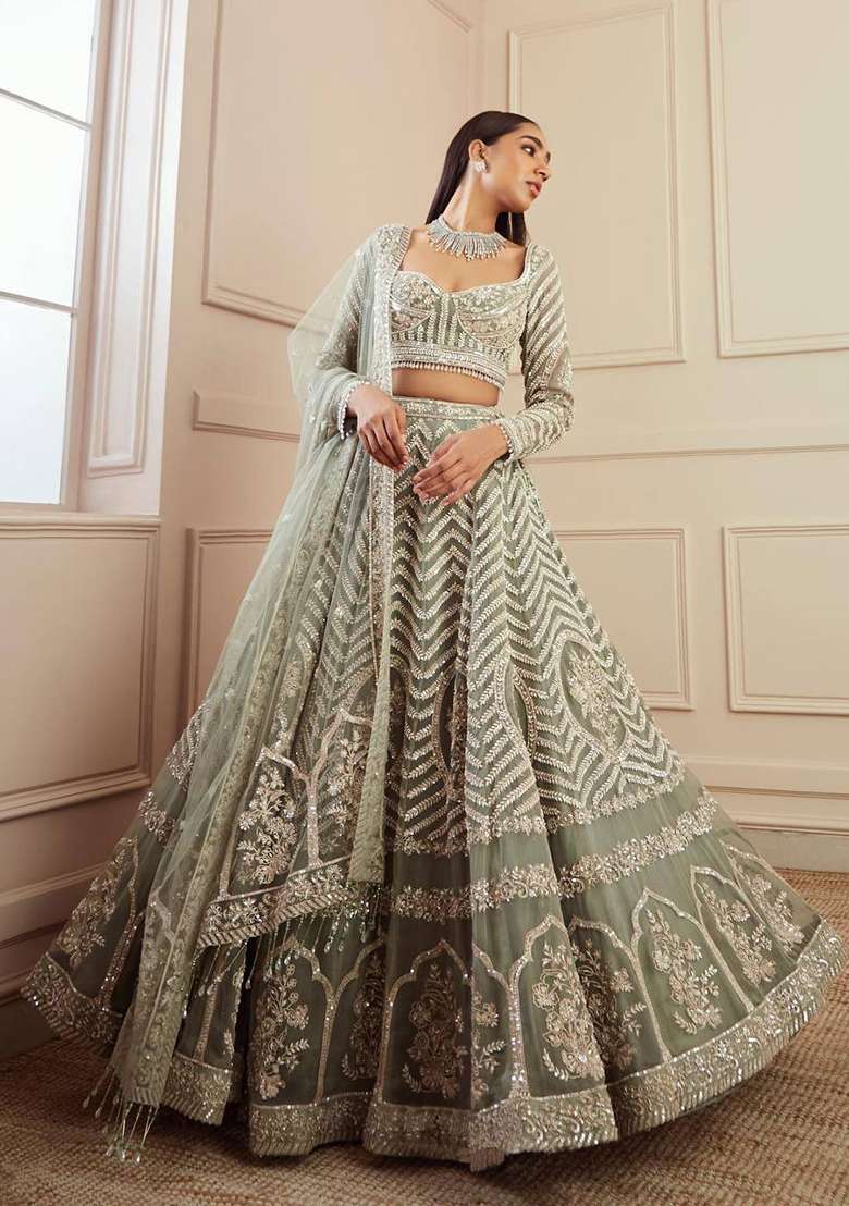 Green Sequin Work Georgette Lehenga Set for Diwali and Festive Wear - Indya