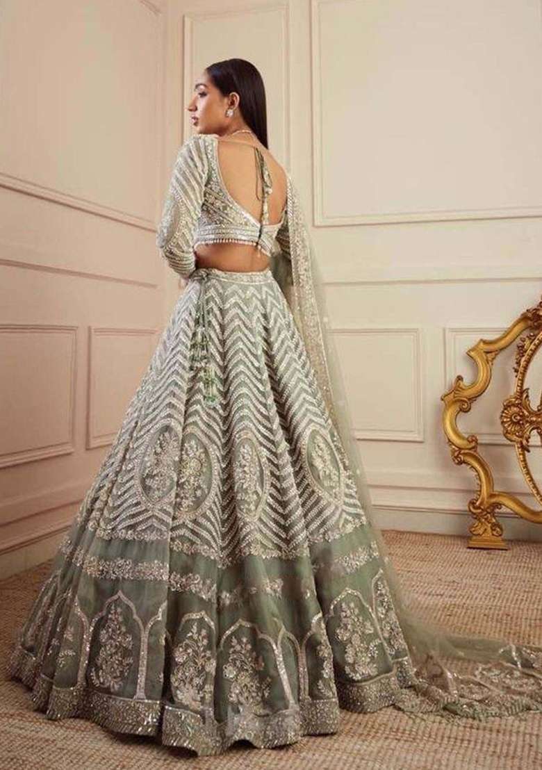 Green Sequin Work Georgette Lehenga Set for Diwali and Festive Wear - Indya