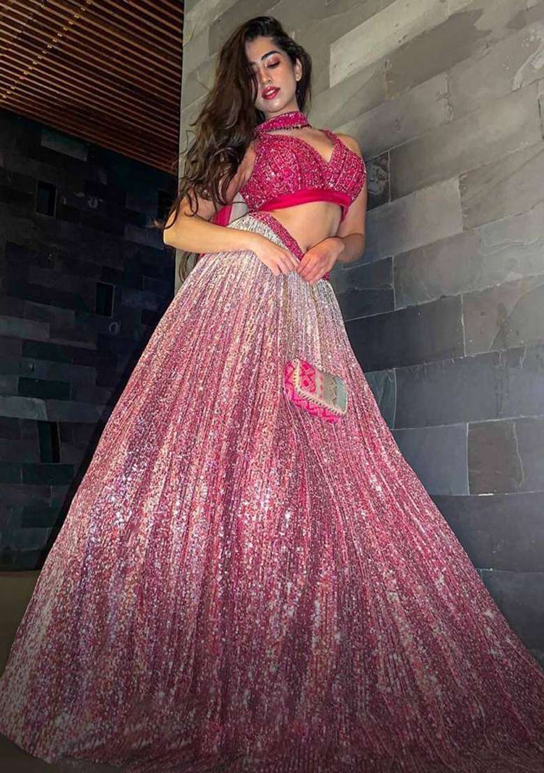 Pink Sequin Work Silk Blend Lehenga Set for Diwali and Festive Wear - Indya