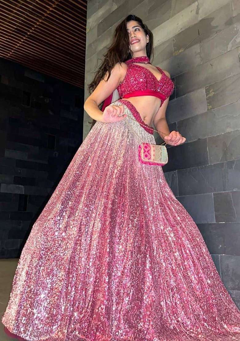 Pink Sequin Work Silk Blend Lehenga Set for Diwali and Festive Wear - Indya