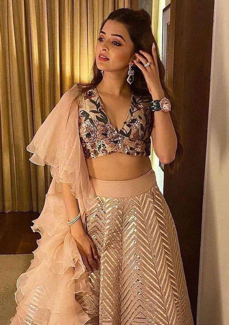 Peach Work Silk Blend Lehenga Set with Sequin for Diwali | Wedding & Festive Wear - Indya