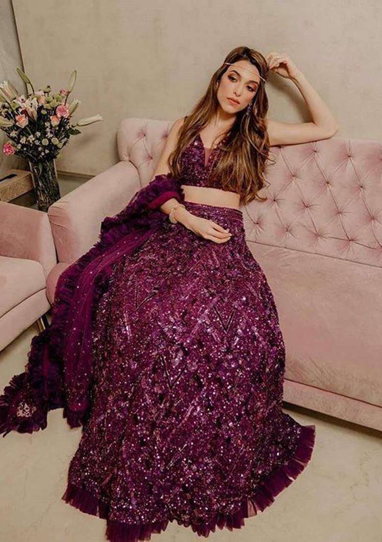 Pink Sequin Work Velvet Lehenga Set for Diwali and Festive Wear - Indya
