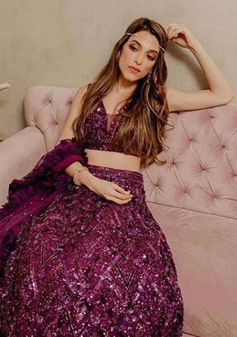 Pink Sequin Work Velvet Lehenga Set for Diwali and Festive Wear - Indya