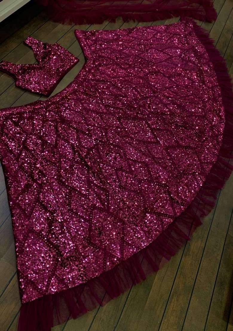 Pink Sequin Work Velvet Lehenga Set for Diwali and Festive Wear - Indya