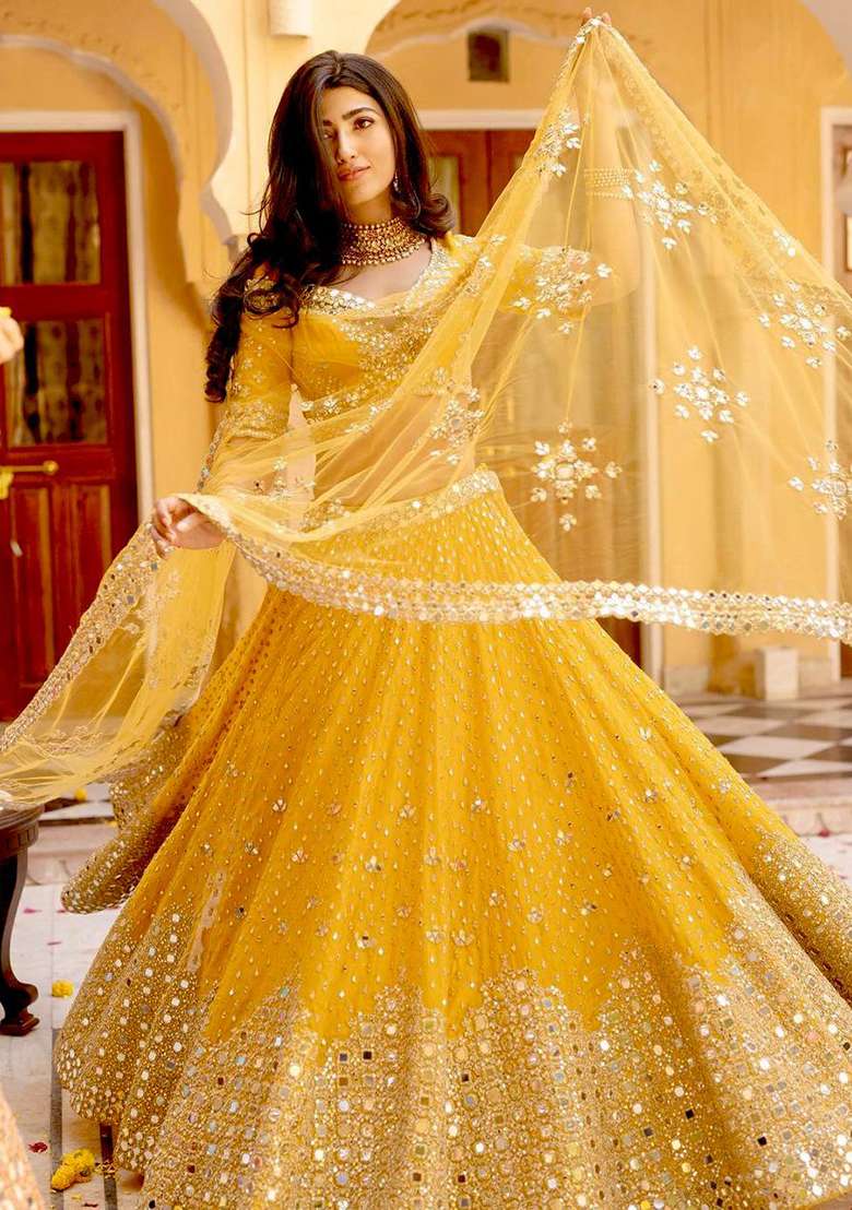 Yellow Georgette Lehenga Set with Mirror Work for Diwali | Wedding & Festive Wear - Indya