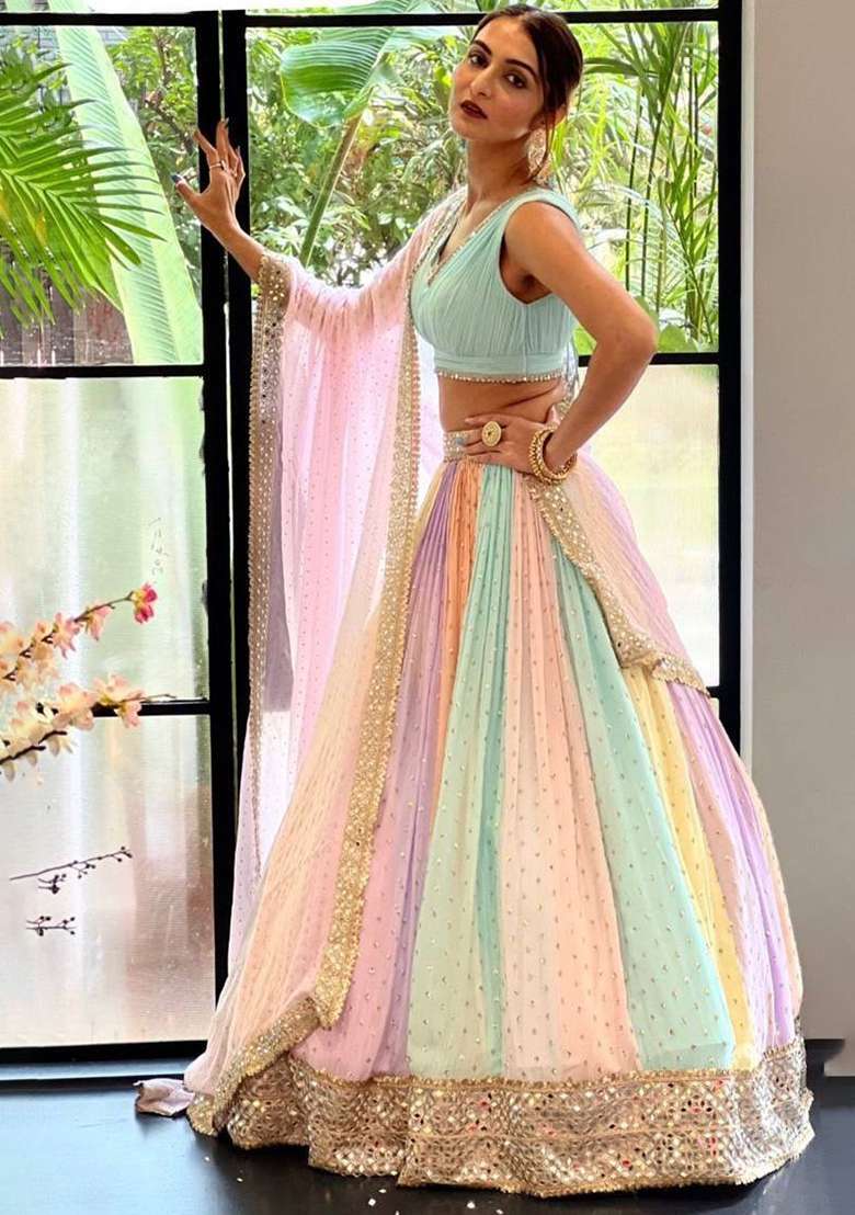 Multi Color Work Georgette Lehenga Set with Sequin for Diwali | Wedding & Festive Wear - Indya