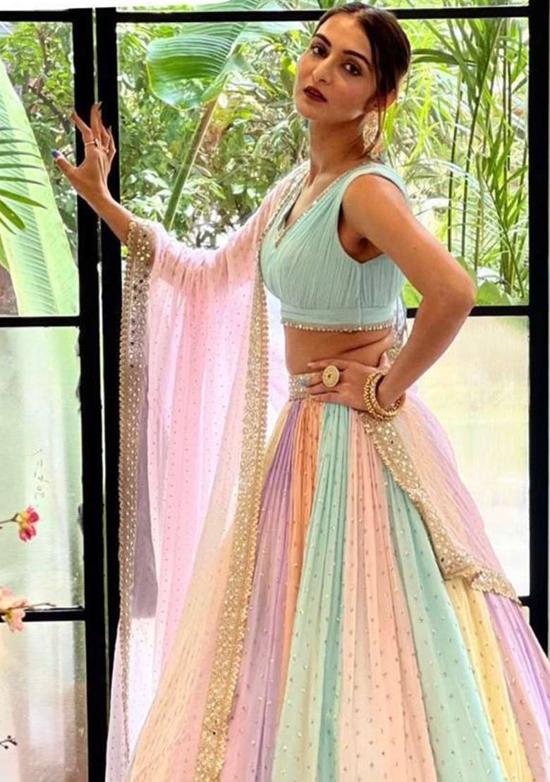 Multi Color Work Georgette Lehenga Set with Sequin for Diwali | Wedding & Festive Wear - Indya