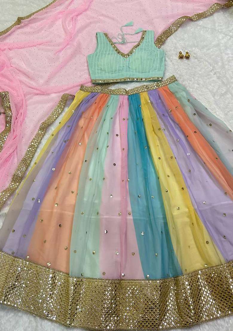 Multi Color Work Georgette Lehenga Set with Sequin for Diwali | Wedding & Festive Wear - Indya