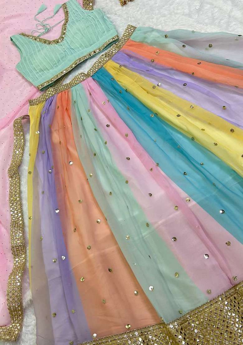 Multi Color Work Georgette Lehenga Set with Sequin for Diwali | Wedding & Festive Wear - Indya