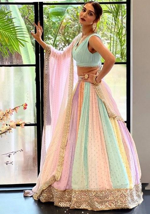 Multi Color Sequin Work Georgette Lehenga Set