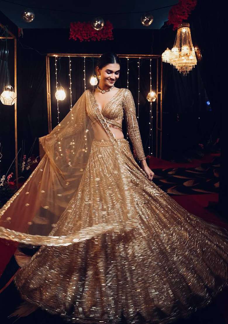 Golden Work Georgette Lehenga Set with Sequin for Diwali | Wedding & Festive Wear - Indya
