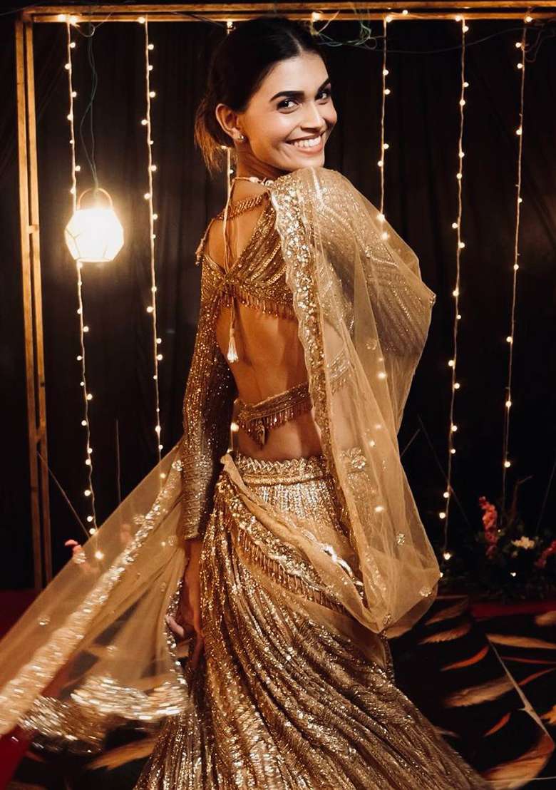Golden Work Georgette Lehenga Set with Sequin for Diwali | Wedding & Festive Wear - Indya