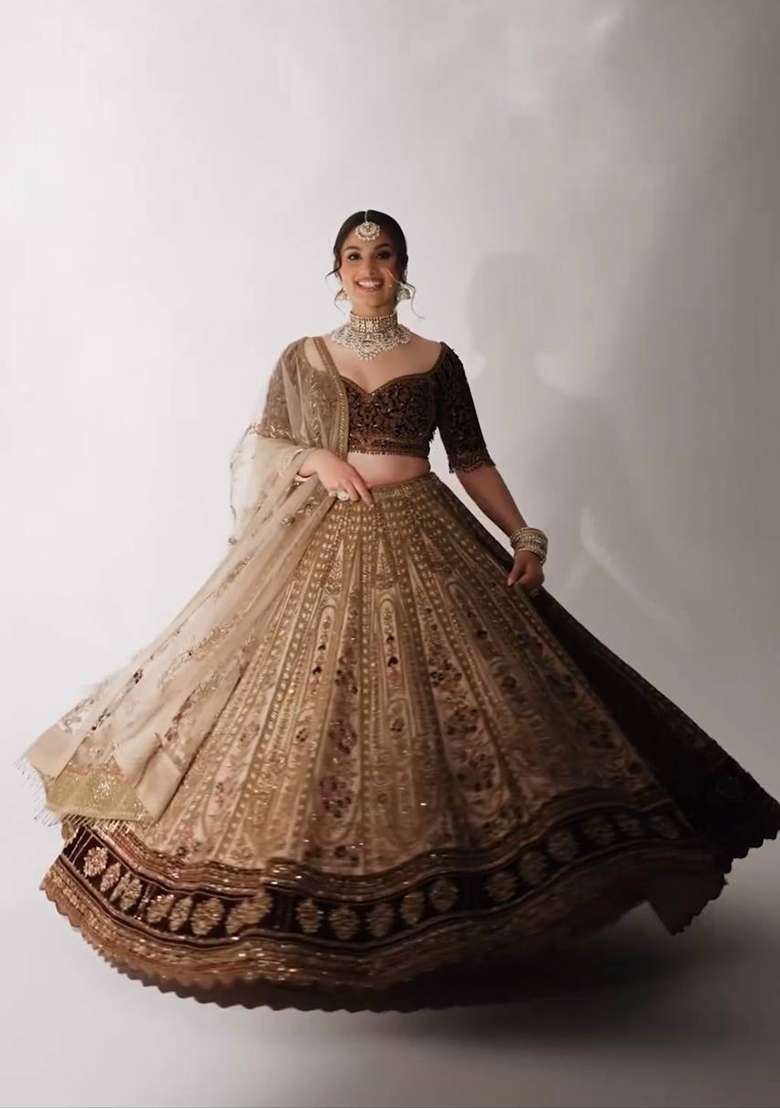 Cream Work Silk Blend Lehenga Set with Sequin for Diwali | Wedding & Festive Wear - Indya