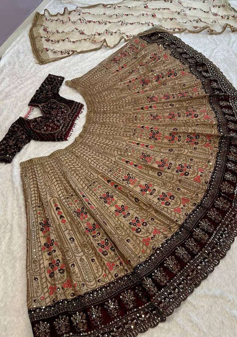 Cream Work Silk Blend Lehenga Set with Sequin for Diwali | Wedding & Festive Wear - Indya