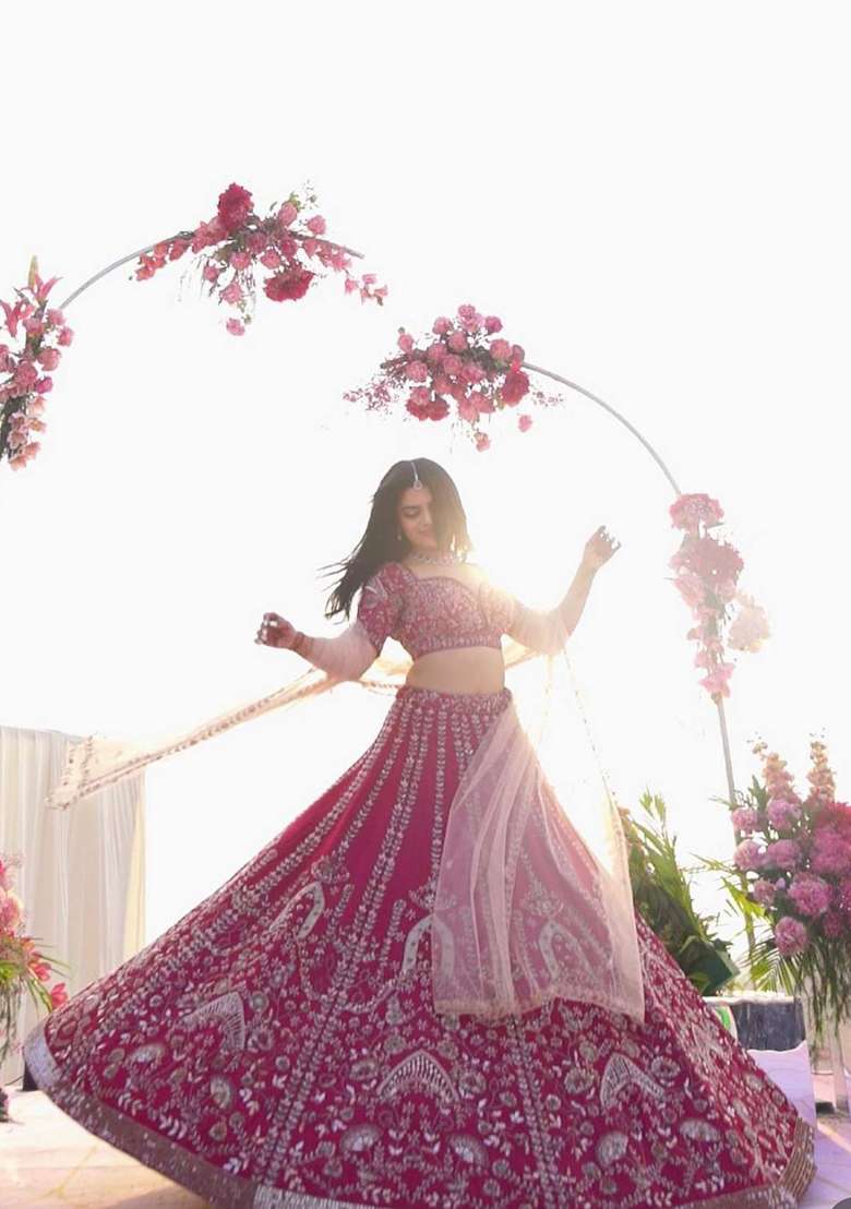 Pink Work Silk Blend Lehenga Set with Sequin for Diwali | Wedding & Festive Wear - Indya