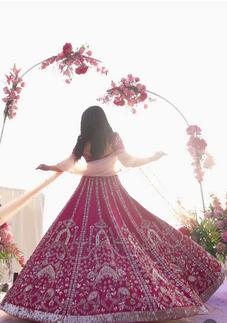 Pink Work Silk Blend Lehenga Set with Sequin for Diwali | Wedding & Festive Wear - Indya