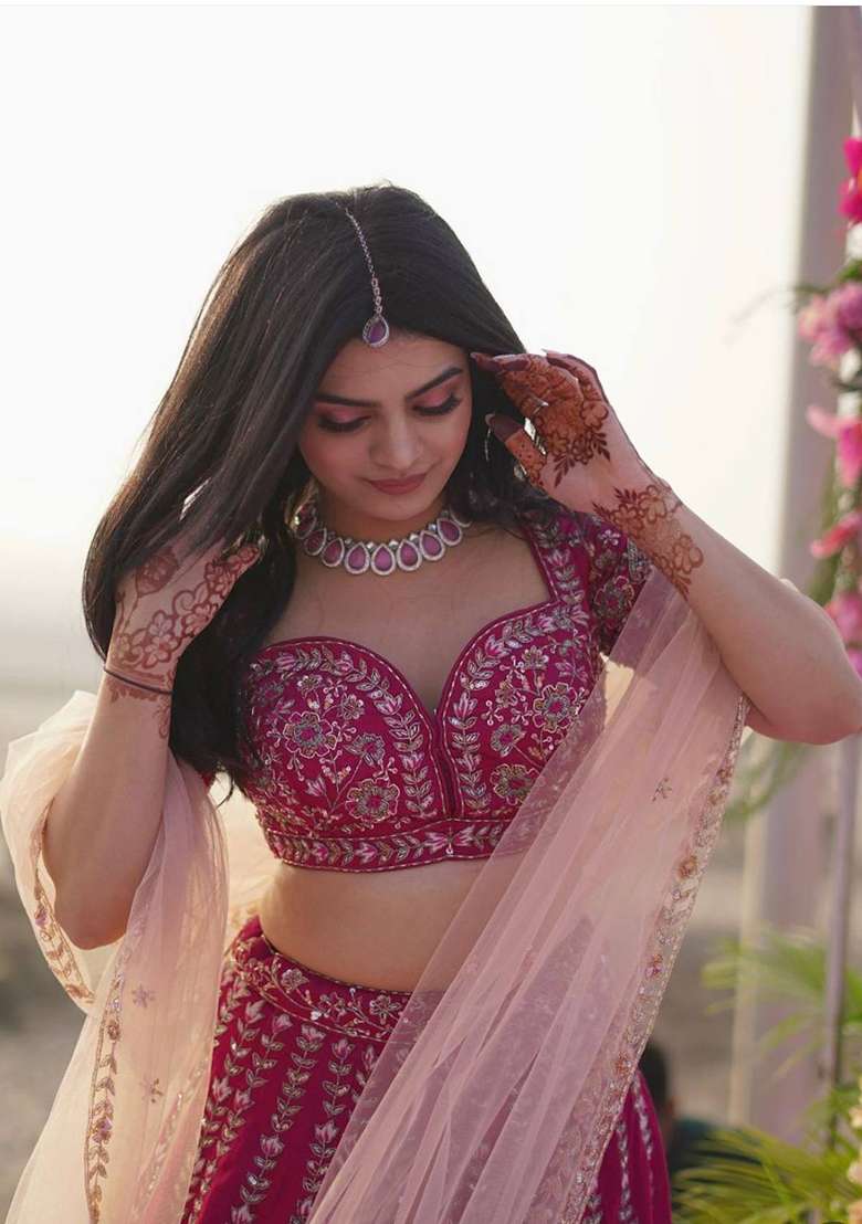 Pink Work Silk Blend Lehenga Set with Sequin for Diwali | Wedding & Festive Wear - Indya