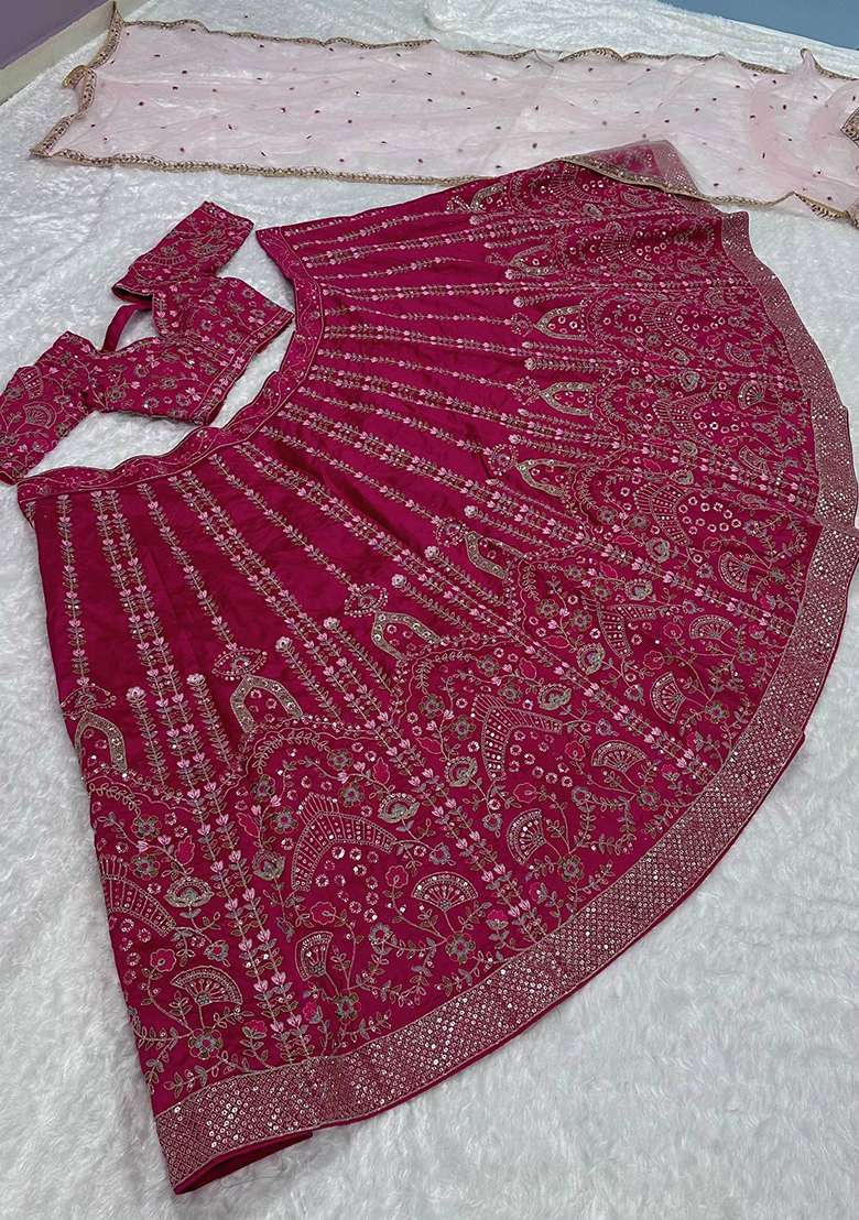 Pink Work Silk Blend Lehenga Set with Sequin for Diwali | Wedding & Festive Wear - Indya