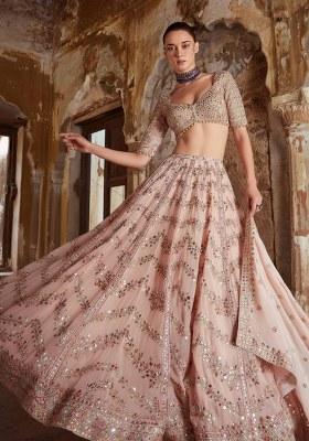 Peach Zari Work Georgette Lehenga Set