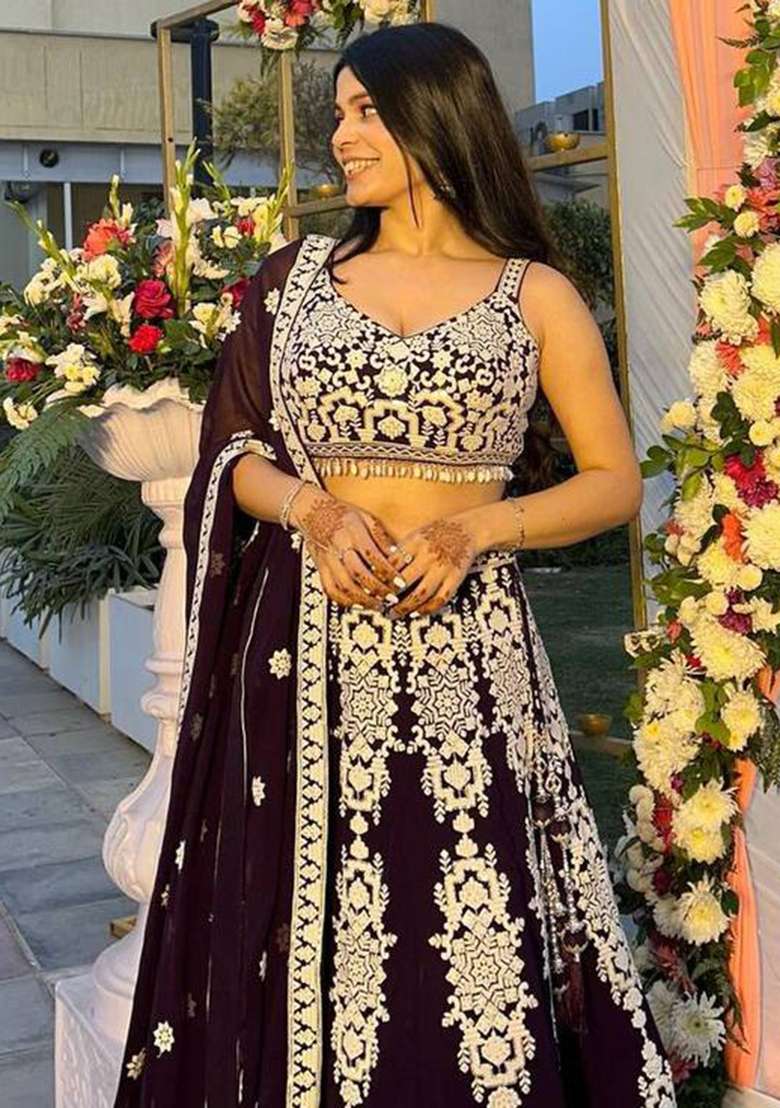 Dark Purple Work Silk Blend Lehenga Set with Sequin for Diwali | Wedding & Festive Wear - Indya