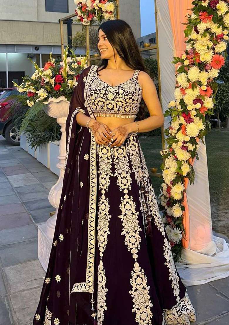 Dark Purple Work Silk Blend Lehenga Set with Sequin for Diwali | Wedding & Festive Wear - Indya