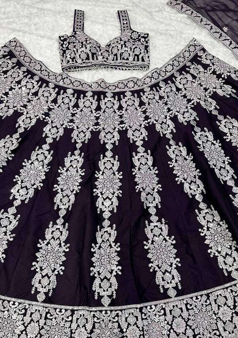 Dark Purple Work Silk Blend Lehenga Set with Sequin for Diwali | Wedding & Festive Wear - Indya