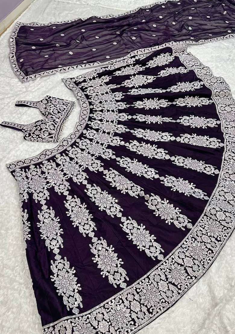 Dark Purple Work Silk Blend Lehenga Set with Sequin for Diwali | Wedding & Festive Wear - Indya