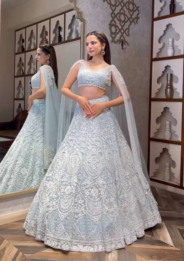 Grey Sequin Work Net Lehenga Set for Diwali and Festive Wear - Indya