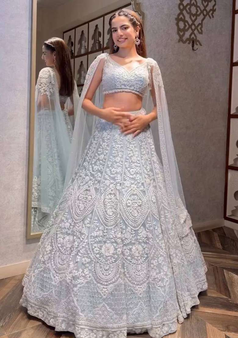 Grey Sequin Work Net Lehenga Set for Diwali and Festive Wear - Indya