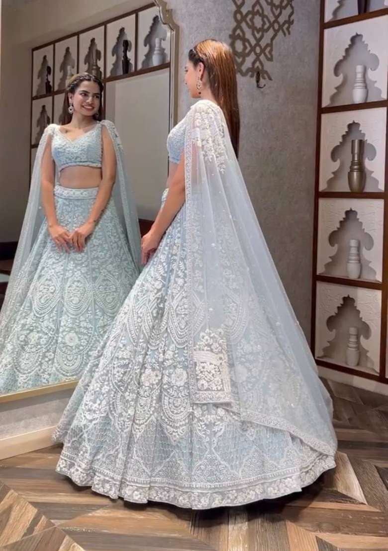 Grey Sequin Work Net Lehenga Set for Diwali and Festive Wear - Indya