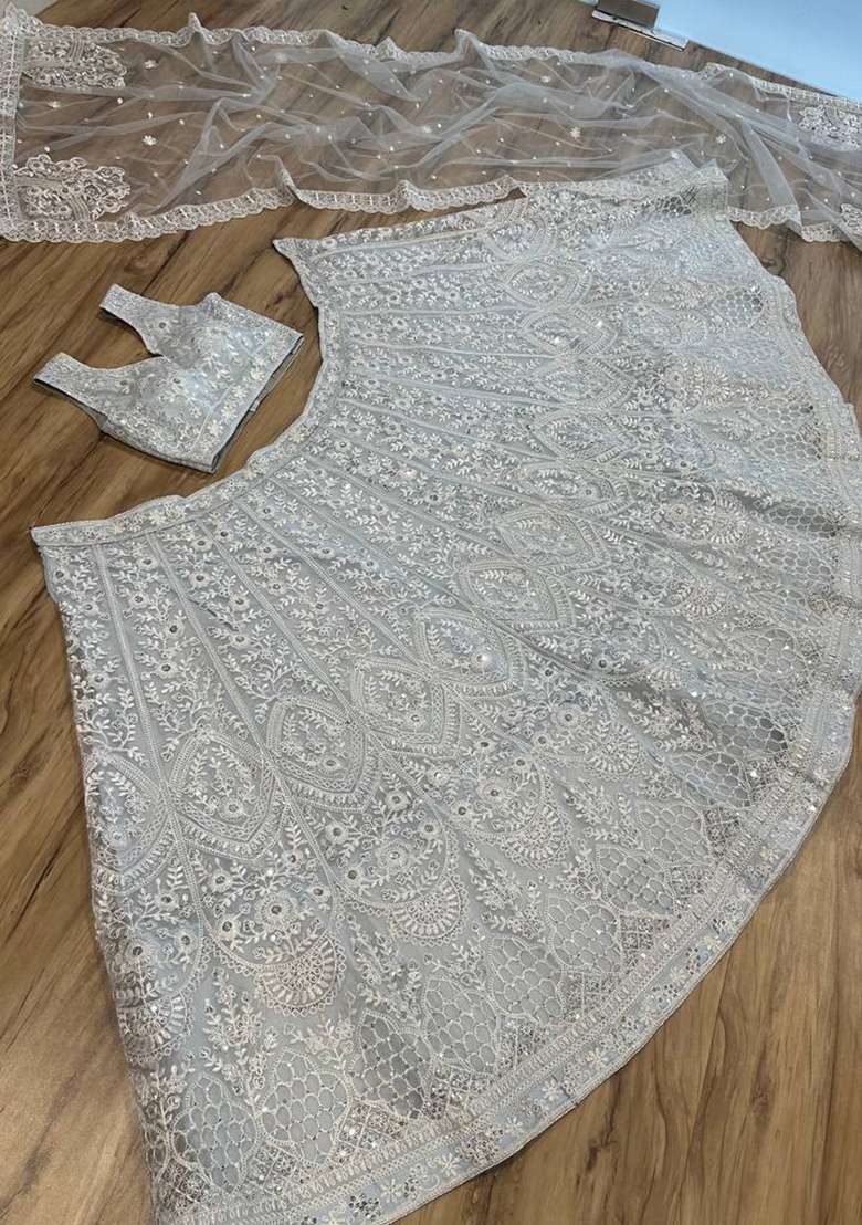 Grey Sequin Work Net Lehenga Set for Diwali and Festive Wear - Indya