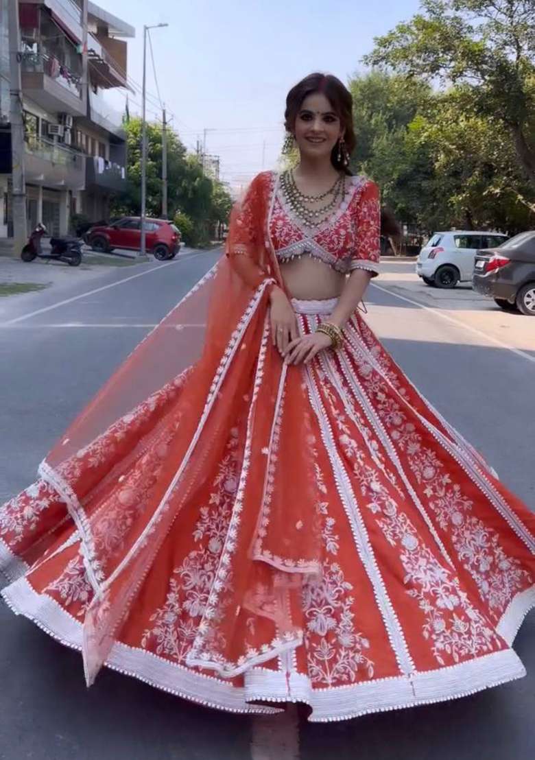 Orange Work Silk Blend Lehenga Set with Sequin for Diwali | Wedding & Festive Wear - Indya