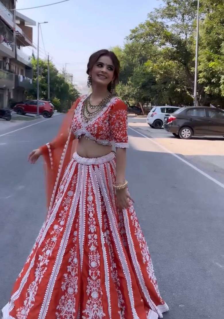 Orange Work Silk Blend Lehenga Set with Sequin for Diwali | Wedding & Festive Wear - Indya