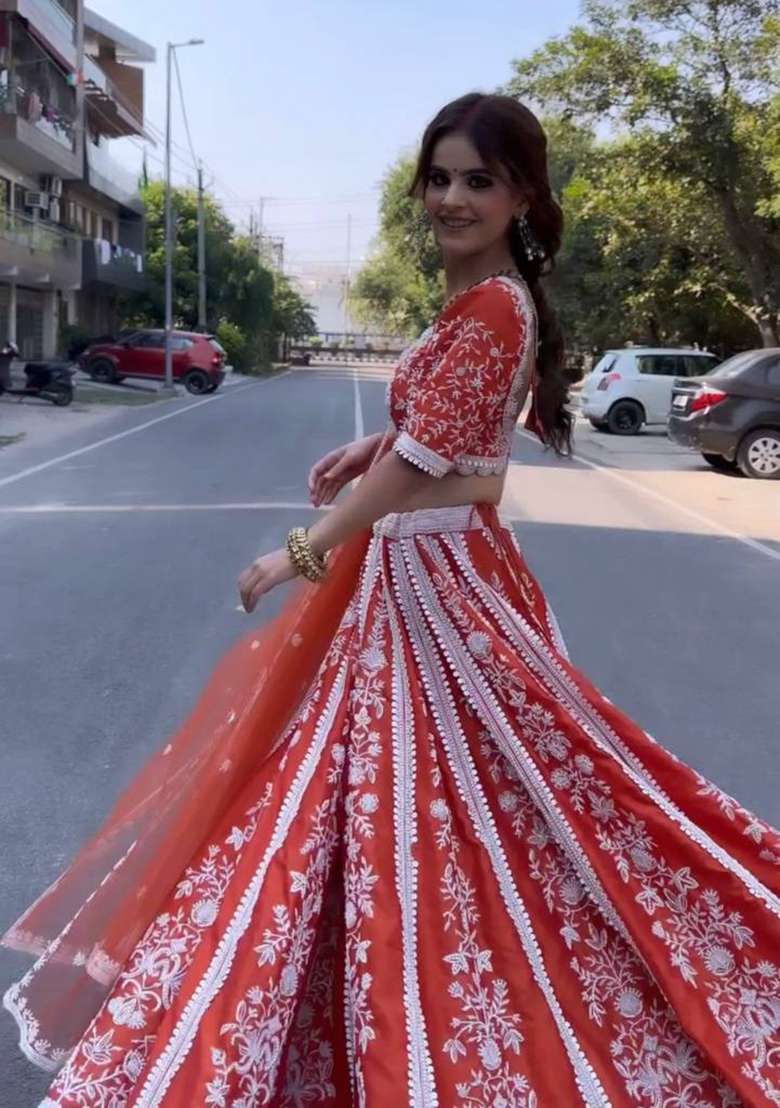Orange Work Silk Blend Lehenga Set with Sequin for Diwali | Wedding & Festive Wear - Indya
