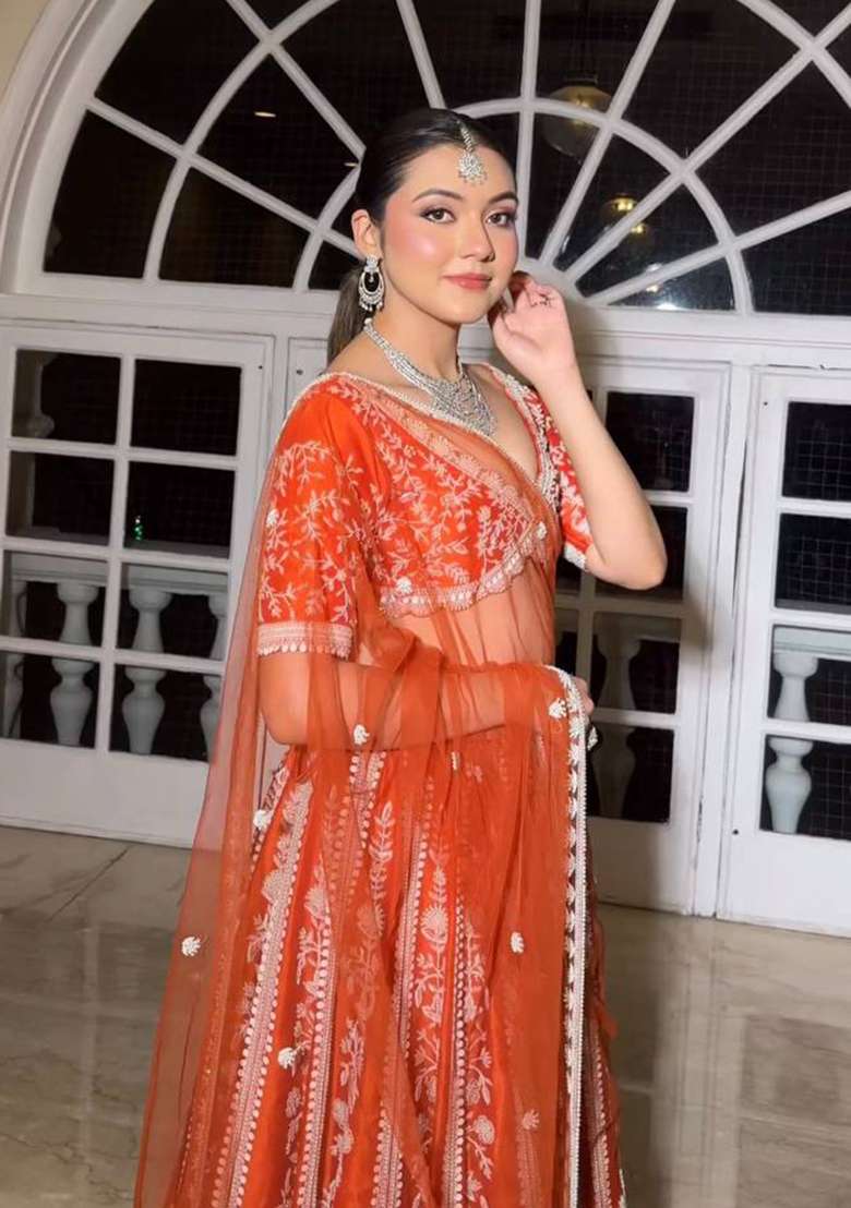 Orange Work Silk Blend Lehenga Set with Sequin for Diwali | Wedding & Festive Wear - Indya