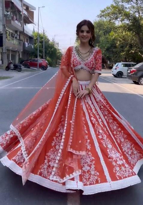 Orange Sequin Work Silk Lehenga Set
