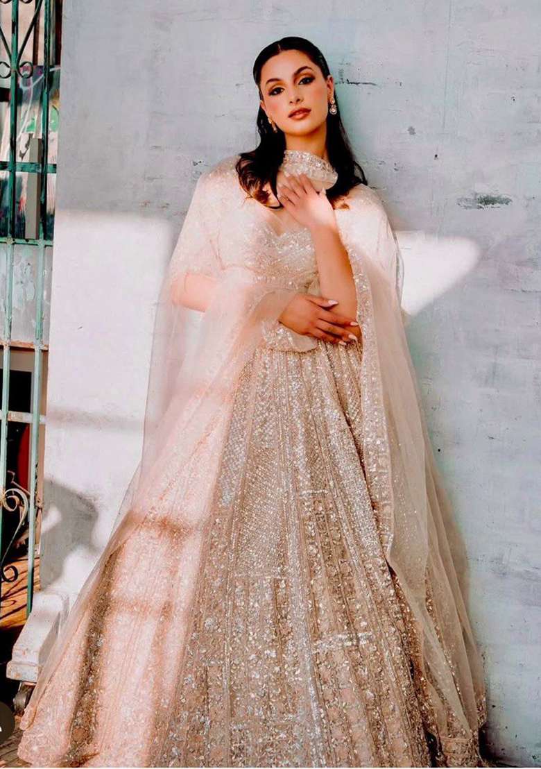 Peach Sequin Work Silk Blend Lehenga Set for Diwali and Festive Wear - Indya