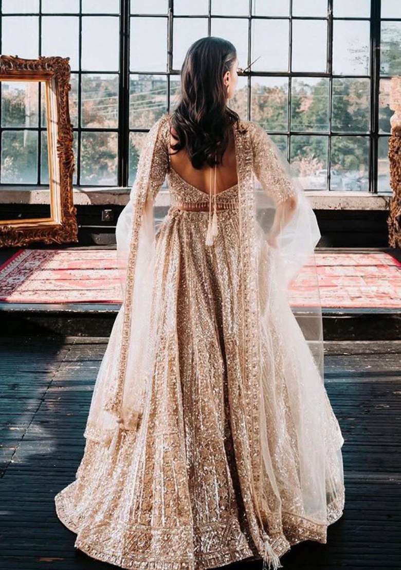 Peach Sequin Work Silk Blend Lehenga Set for Diwali and Festive Wear - Indya