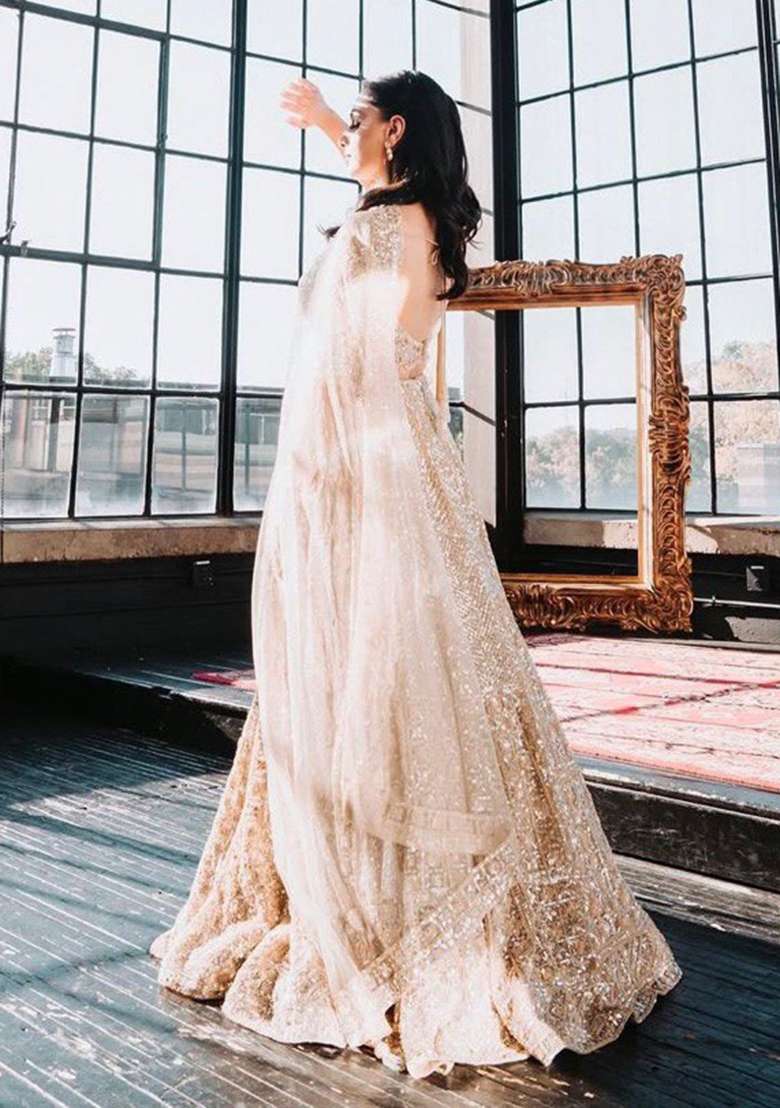 Peach Sequin Work Silk Blend Lehenga Set for Diwali and Festive Wear - Indya