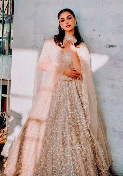 Peach Sequin Work Silk Lehenga Set