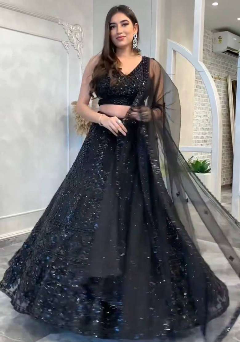 Black Work Net Lehenga Set with Sequin for Diwali | Wedding & Festive Wear - Indya