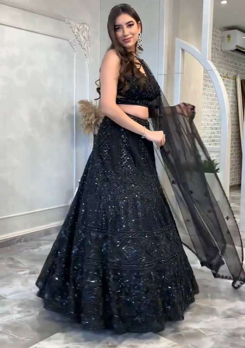 Black Work Net Lehenga Set with Sequin for Diwali | Wedding & Festive Wear - Indya